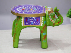 Brush & Timber Handpainted Solid Mango Wood Elephant Side Table in Multicolor