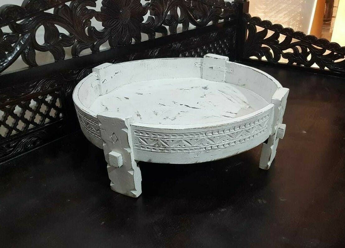 Tribal Chakki Grinder Carved Round Coffee Table White 65 CM Diameter