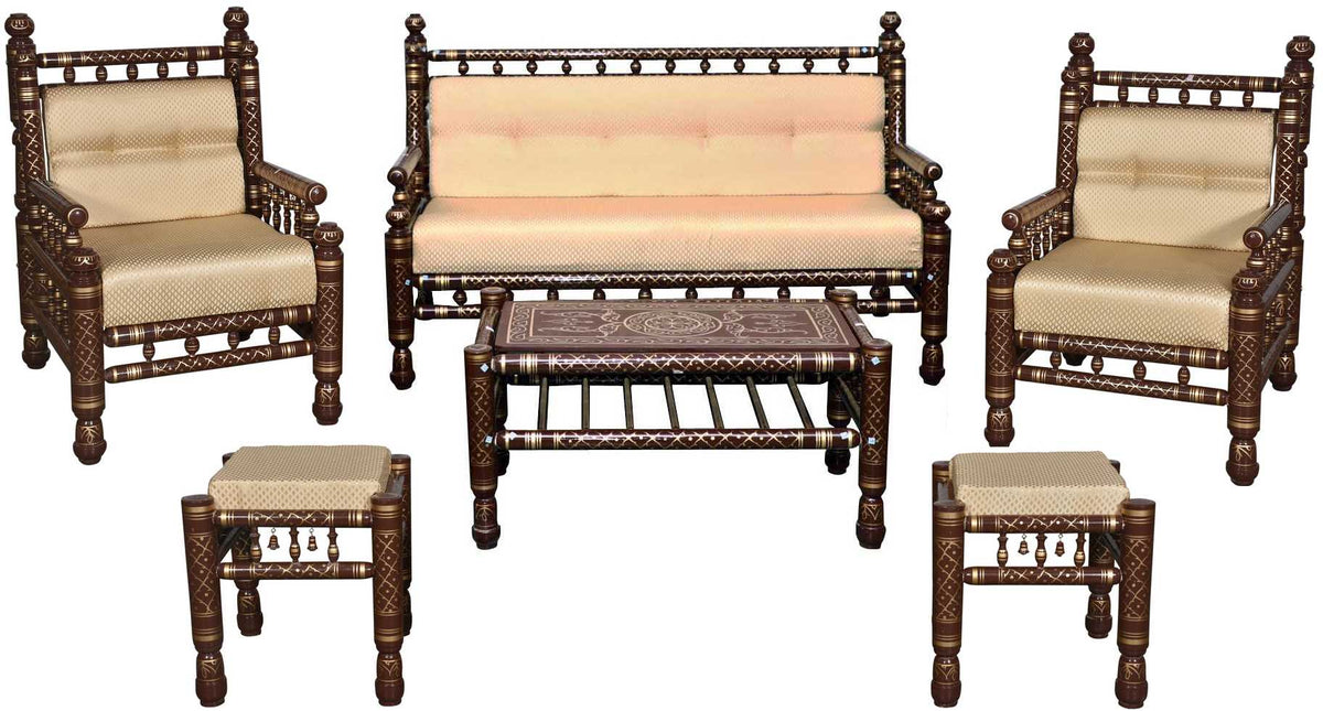 Heritage Indian Hand Carved Painted 6 pcs Sofa & Chair Set