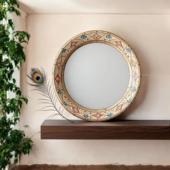 Hand Painted Rajasthani Art Solid Wooden Round Mirror Frame 61