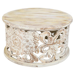 Pine Grove Handcrafted Mango Wood Carved Round Coffee Table Rustic White
