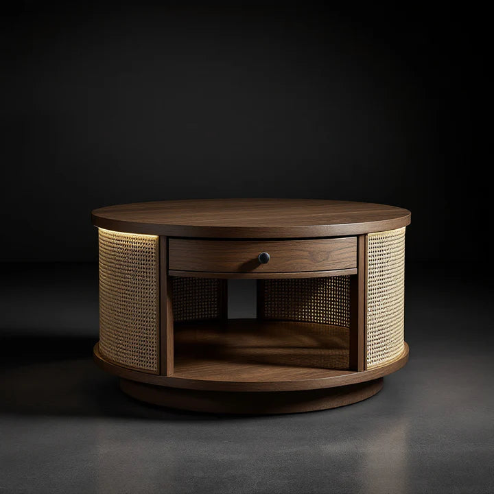 Rattan Elegance Series Solid Wood Round Shape With Rattan Cane Work Coffee Table C107