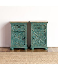 Indian Hand Carved Solid Wooden Bedside Table Green