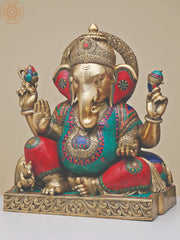 Indian Lord Ganesha Handmade Brass Statue With Inlay Work