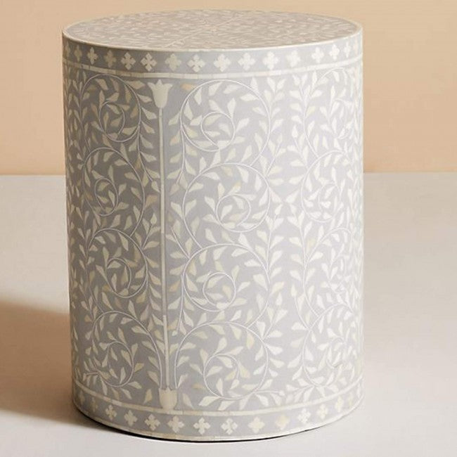 Maaya Bone Inlay Round Drum Side Table Gery Floral