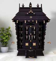 Medium Sized Handmade Pure Brass Accented Sheesham Wood Home Temple In Brown