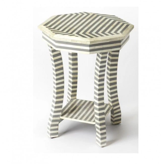 Maaya Bone Inlay Round Side Table Grey White Striped