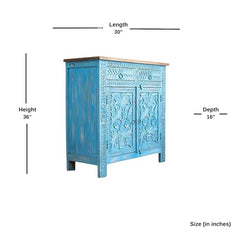 Indian Floral Carved Solid Wood Cabinet In Blue Colour