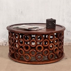 Hand Carved Indian Mango Wood Round Coffee Table Brown 75x75x45Cm