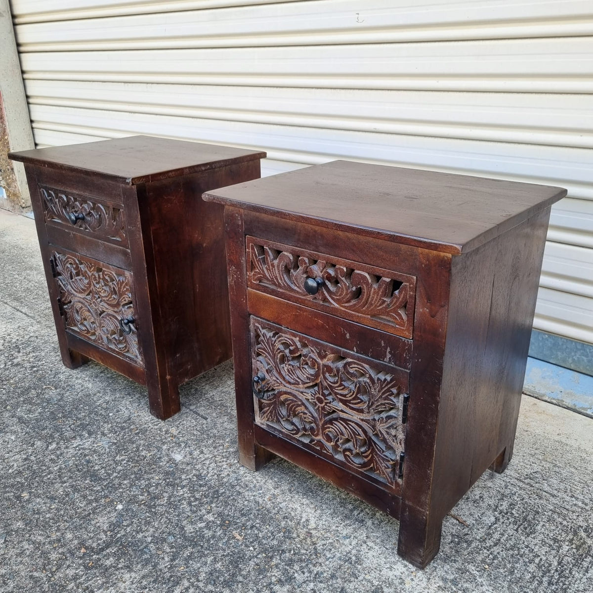 Indian Floral Hand Carved Wood Bed Side Table Set 50x40x65 Brown