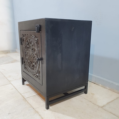 Indian Handmade Carved Solid Hard Wood Floral Design Bedside Table Dark Brown 80x40x80Cm