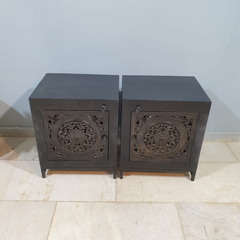 Indian Handmade Carved Solid Hard Wood Floral Design Bedside Table Dark Brown 80x40x80Cm