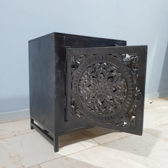 Indian Handmade Carved Solid Hard Wood Floral Design Bedside Table Dark Brown 80x40x80Cm