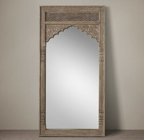 Mehrab Indian Hand Carved Mirror Arched Globe Wooden Wall Decor 150x80cm Brown  -  