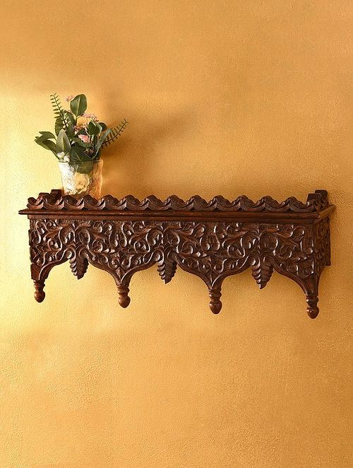 Handmade Home Decor Carved Mango Wood Wall Shelf 01