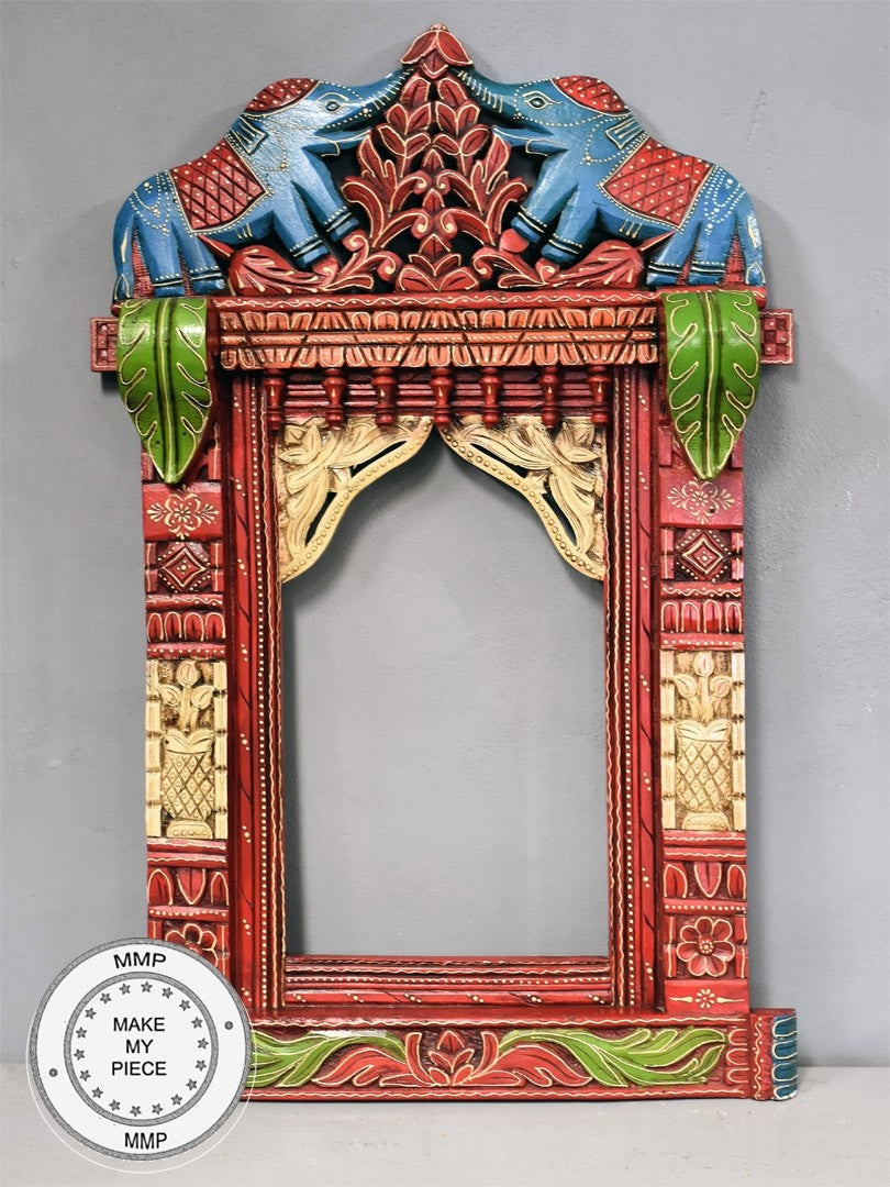 Mughal Hand Painted Indian Wood Carved And Colorful Mirror Frame