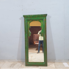 Handcrafted Indian Furniture Carved Wooden Mirror Frame Rustic Green 70x150 cm