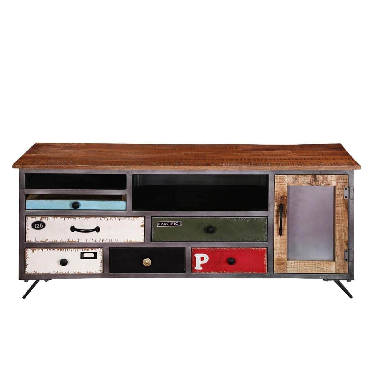 Vivid Industrial Indian Solid Wood & Iron Accent Tv Media Console