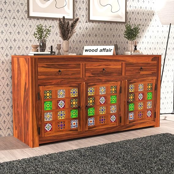 Moroccan Mosaic Handmade Mango Wood Sideboard with Colorful Tiles In Brown