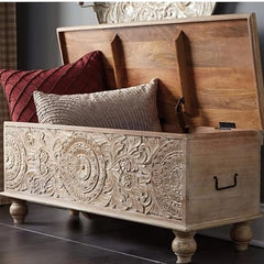 The Gileteen Handmade Solid Mango Wood Carved Blanket Storage Box