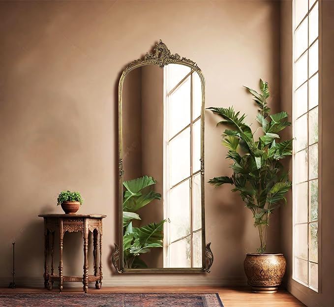 Corsica Victorian Arched Hand-Casted Full-Length Mirror Premium Metal Frame Glam Gold