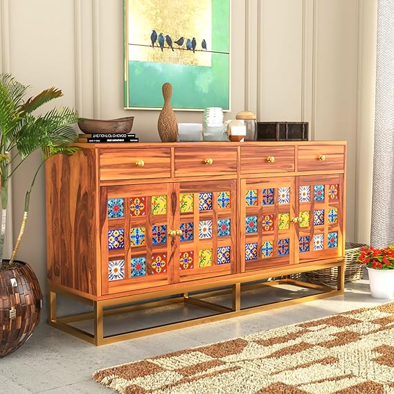 Moroccan Mosaic Handmade Mango Wood Sideboard On Stand in Honey Finish