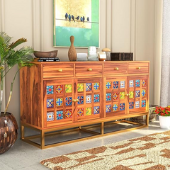 Moroccan Mosaic Handmade Mango Wood Sideboard On Stand in Honey Finish