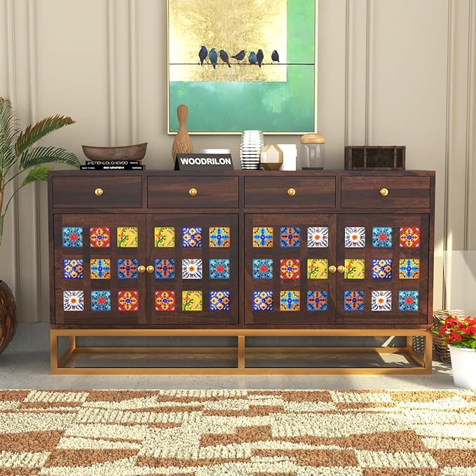 Moroccan Mosaic Handmade Mango Wood 2 Drawers and 4 Doors Sideboard In Walnut Finish