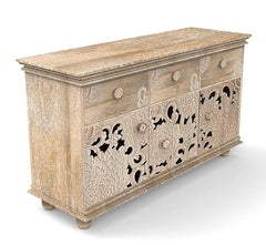 Corsica Premium Floral Hand-Carving Natural Sheesham Wood Sideboard Storage Cabinet & Chest Farmhouse White