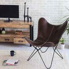 Aged Leather Metal Round Butterfly Chair Dark Brown