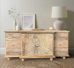 Corsica Rising 3D Full-Size Premium Sunburst Carving Solid Mango Wood Sideboard Farmhouse White