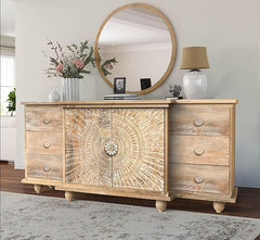 Corsica Rising 3D Full-Size Premium Sunburst Carving Solid Mango Wood Sideboard Farmhouse White