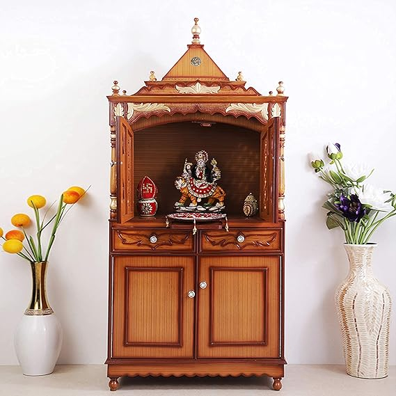 Handmade Home Decor Sheesham Wood Home Temple with 2 Drawers in Teak Gold Finish