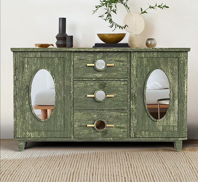 Corsica Modern Solid Mango Wood Sideboard with Mirror Accents Storage Cabinet & Chest Farmhouse Green