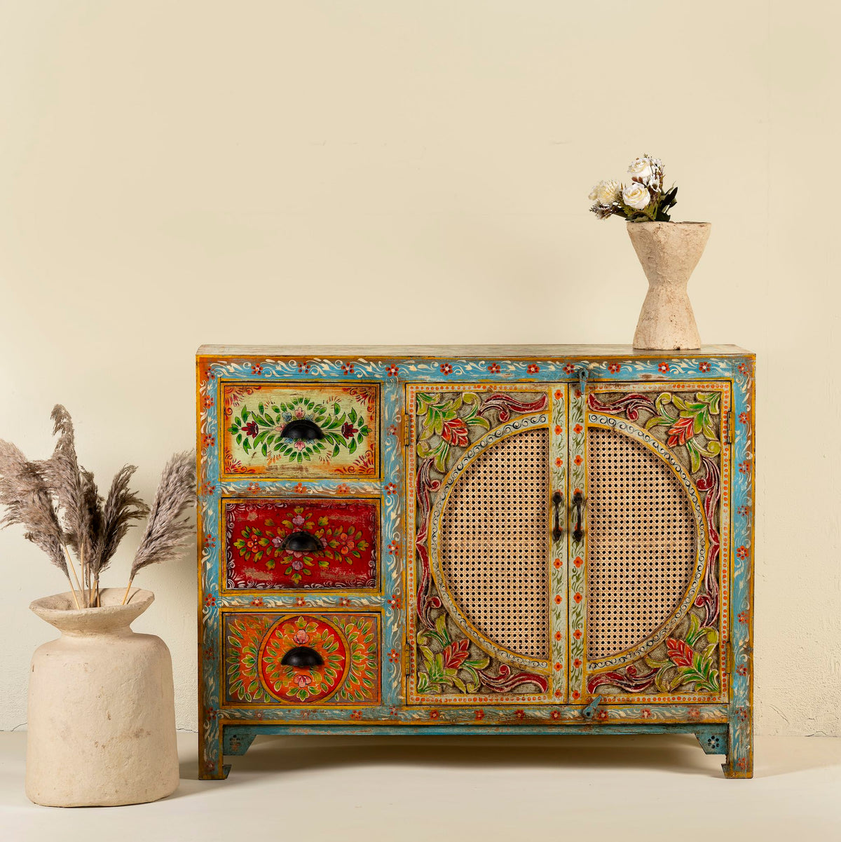 Pandora Indian Floral Hand Painted Solid Wood With Rattan Sideboard