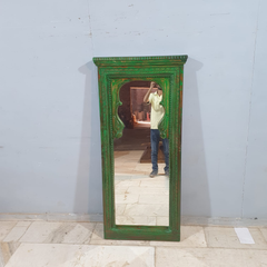 Handcrafted Indian Furniture Carved Wooden Mirror Frame Rustic Green 70x150 cm