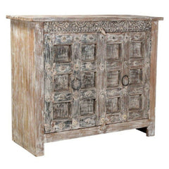 Antique Old Door Carved Solid Wood Sideboard Whitewash