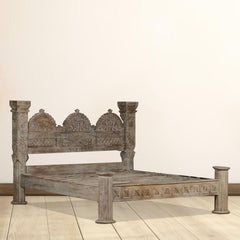 Indian Hand Carved Reclaimed Teak Wood Bed Frame King Size 141