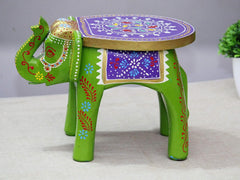 Brush & Timber Handpainted Solid Mango Wood Elephant Side Table in Multicolor