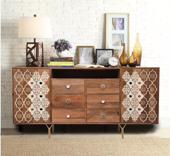 Corsica Traditional Full-Size Premium Stencil Carving Solid Mango Wood Sideboard Storage Cabinet & Chest