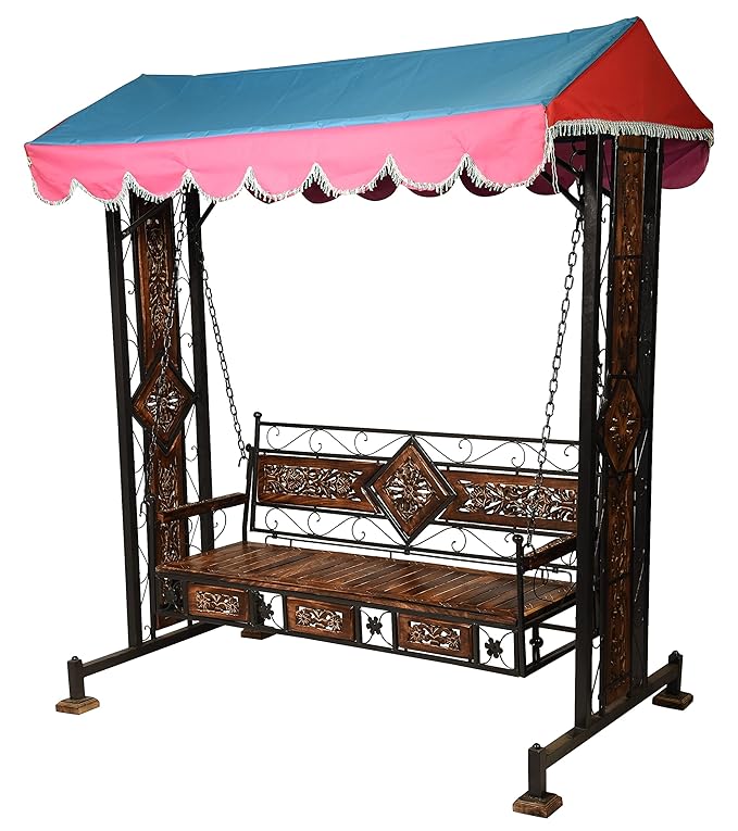 Urban Art Store Wood Swing/Jhula For Home & Garden 3 Seater With Canopy Roof & Stands