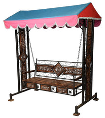 Urban Art Store Wood Swing/Jhula For Home & Garden 3 Seater With Canopy Roof & Stands