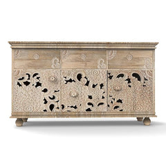 Corsica Premium Floral Hand-Carving Natural Sheesham Wood Sideboard Storage Cabinet & Chest Farmhouse White