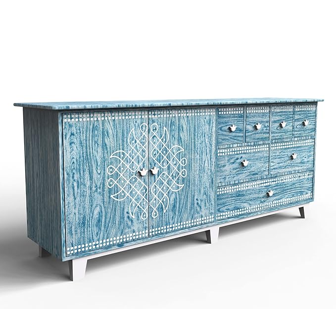 Corsica Modern Solid Mango Wood Sideboard with White Accents Storage Cabinet & Chest Textured Blue