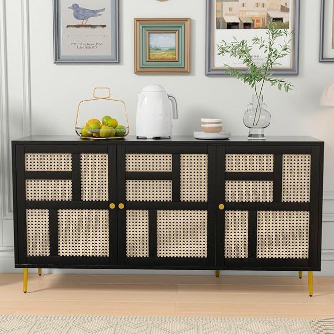 The Gileteen Rattan 3 Doors Buffet Sideboard Farmhouse for Living Room