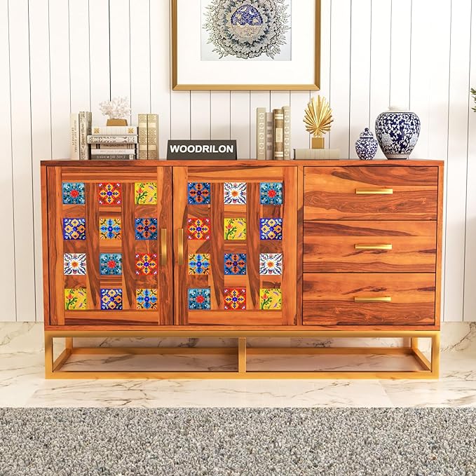 Moroccan Mosaic Handmade Mango Wood 3 Drawers and 2 Doors Sideboard In Honey Finish