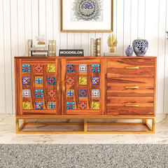 Moroccan Mosaic Handmade Mango Wood 3 Drawers and 2 Doors Sideboard In Honey Finish