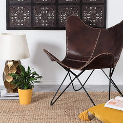 Aged Leather Metal Round Butterfly Chair Dark Brown