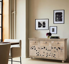 Corsica Premium Floral Hand-Carving Natural Sheesham Wood Sideboard Storage Cabinet & Chest Farmhouse White