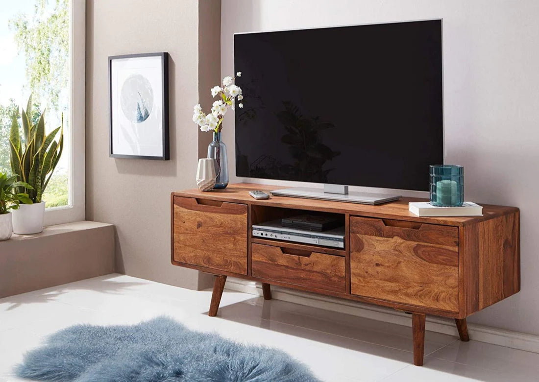 Gfine TV unit with two doors and single drawer made of solid sheesham wood 147x45x50Cm